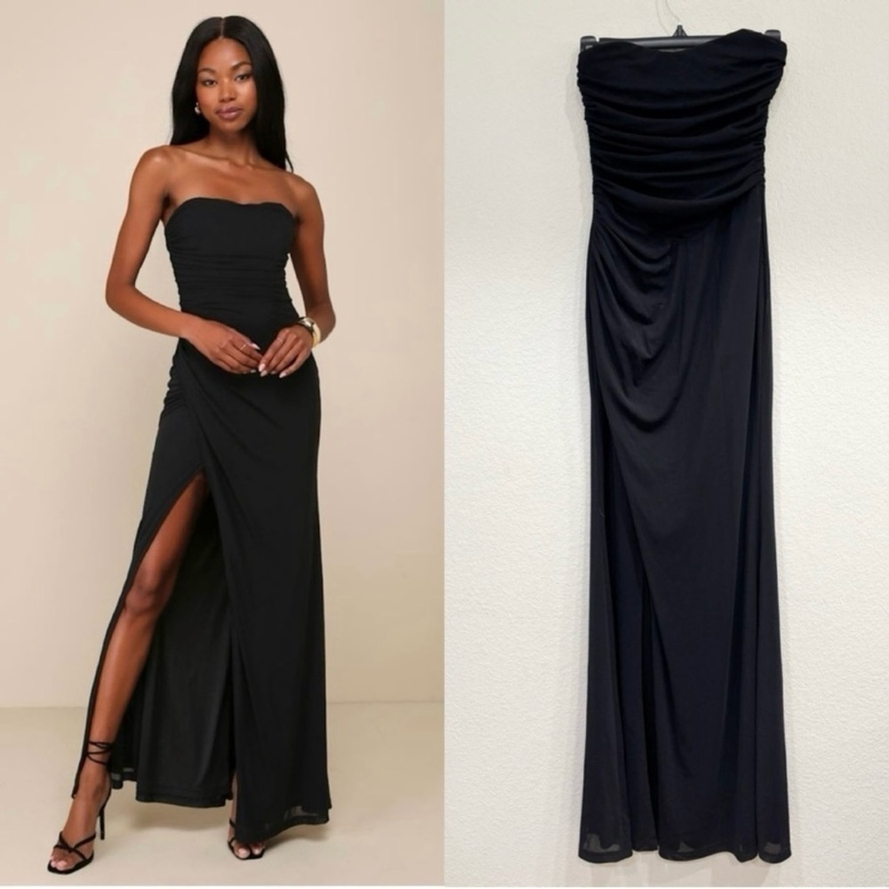 NWOT Lulus Epitome of Allure Black Mesh‎ Strapless Ruched Tulip Maxi Dress